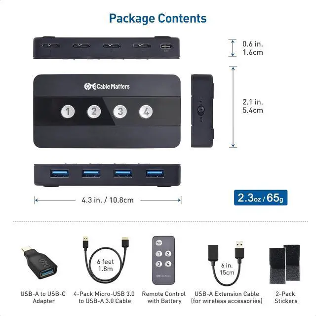 Alt view image 6 of 7 - Cable Matters 4 Port USB 3.0 Switch USB Sharing Switch for 4 Computers and USB Peripherals - Button or Wireless Remote Control Switching - Includes a USB-C Adapter for USB-C USB4 and Thunderbolt 4