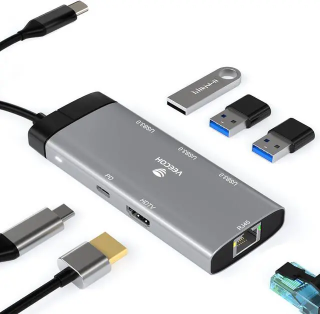 Main image of VEECOH USB C Hub 6 in 1,Multiport Adapter USB C Dongle to 4K HDMI RJ45 Ethernet 1000Mbps USB 3.0 * 3 PD USB C Charger for MacBook Air/Pro XPS Laptop and Other Type C Devices