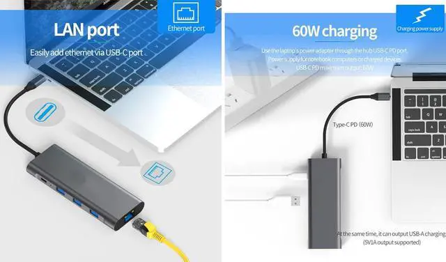 Alt view image 5 of 7 - navor 9-in-1 USB C Hub Dongle with 4K HDMI, 3 x USB 3.0 Ports, PD, TF/SD Card Slot, RJ45 LAN Port, 3.5mm Audio, Compatible with MacBook After 2016, Thunderbolt 3/4, Huawei, Samsung and More