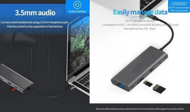 Alt view image 6 of 7 - navor 9-in-1 USB C Hub Dongle with 4K HDMI, 3 x USB 3.0 Ports, PD, TF/SD Card Slot, RJ45 LAN Port, 3.5mm Audio, Compatible with MacBook After 2016, Thunderbolt 3/4, Huawei, Samsung and More