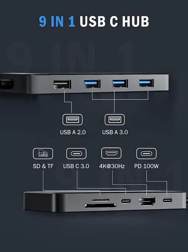 Alt view image 7 of 7 - Lemorele 9-in-1 USB C Hub Multiport Adapter, USB C Dongle with 4K HDMI for MacBook Pro Air, 3 USB 3.0 5Gbps Port, Type C Data Port, 100W PD, SD/TF Card Reader Adapter, Compatible for Windows/Mac/iPad