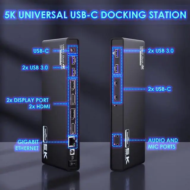 Alt view image 3 of 7 - USB-C Display Link, 65W, Dual Display - x2 Display Port or x2 HDMI, 5k Single Monitor, USB-C Port x2, USB 3.0 x4, Gigabit RJ-45 Docking Station, For with Mac/HP/Dell/Lenovo/ASUS/ACER