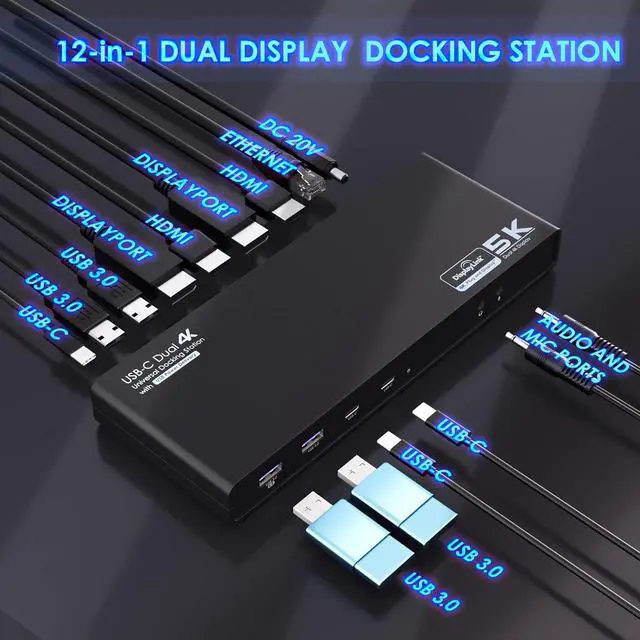 Alt view image 4 of 7 - USB-C Display Link, 65W, Dual Display - x2 Display Port or x2 HDMI, 5k Single Monitor, USB-C Port x2, USB 3.0 x4, Gigabit RJ-45 Docking Station, For with Mac/HP/Dell/Lenovo/ASUS/ACER