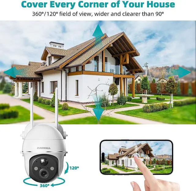 Alt view image 2 of 7 - ZUMIMALL 5MP Security Cameras Wireless Outdoor, Solar Security Camera Outdoor with 360° PTZ, Battery Powered Camera for Home Security Outside, Color Night Vision/2.4G WiFi/2-Way Talk/IP66/AI Detection