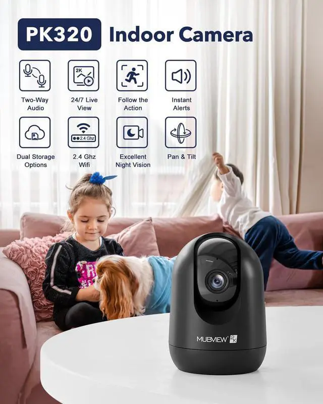 Alt view image 2 of 7 - MUBVIEW Cameras for Home Security, Indoor Security Camera, 2.4G WiFi Wired Camera Ideal for Dog/Elder/Baby, Motion Tracking, Two-Way Audio, Pan Tilt, 24/7, 2K Night Vision