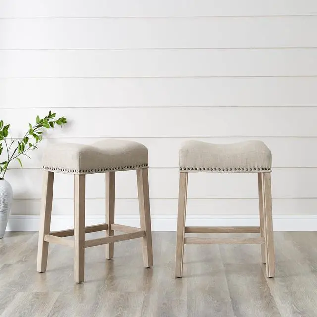 Main image of Roundhill Furniture Coco Upholstered Backless Saddle Seat Counter Stools 25.5" Height, Set of 2, Fabric, Tan