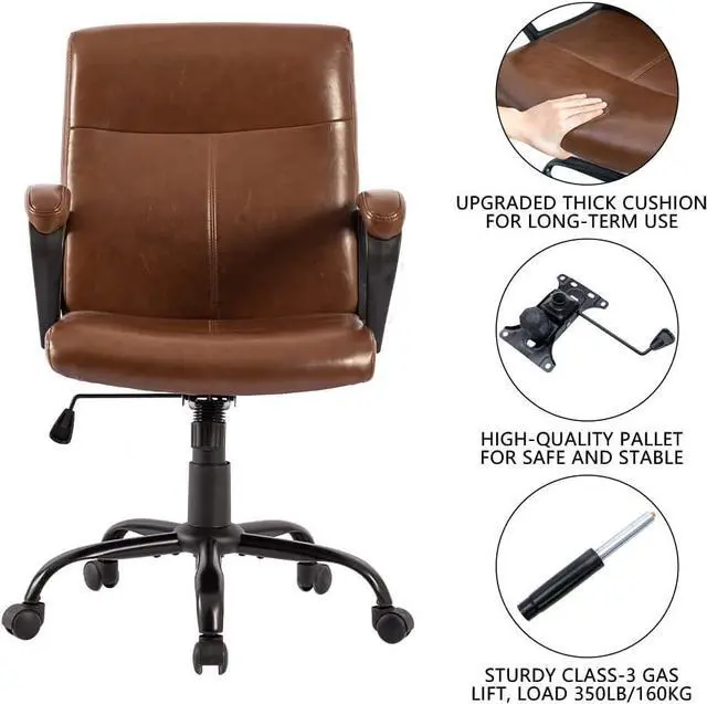Alt view image 7 of 7 - DYHOME Leather Office Chair Brown Desk Chair with Armrest, Ergonomic Computer Chair Mid Back, Mid Century Modern Home Office Desk Chair with 30° Tilting Backrest, Capacity 400lbs