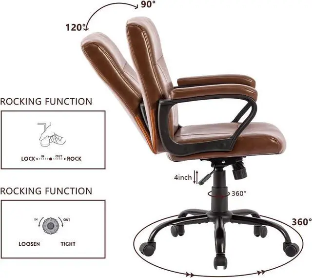 Alt view image 5 of 7 - DYHOME Leather Office Chair Brown Desk Chair with Armrest, Ergonomic Computer Chair Mid Back, Mid Century Modern Home Office Desk Chair with 30° Tilting Backrest, Capacity 400lbs