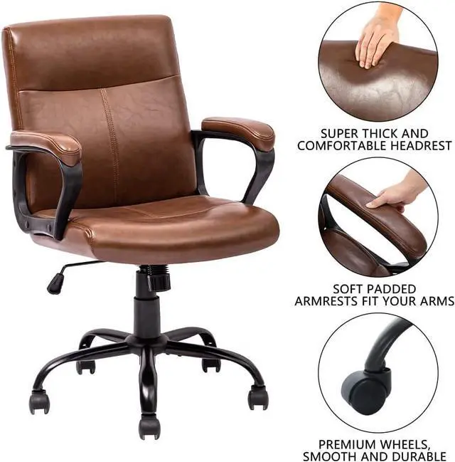 Alt view image 6 of 7 - DYHOME Leather Office Chair Brown Desk Chair with Armrest, Ergonomic Computer Chair Mid Back, Mid Century Modern Home Office Desk Chair with 30° Tilting Backrest, Capacity 400lbs