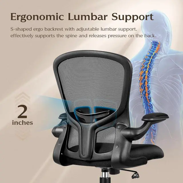 Alt view image 3 of 6 - FelixKing Office Desk Chairs, Ergonomic PC Desk Chair with Wheels, Adjustable Lumbar Support and Height, Swivel Computer Chair with Flip-up Armrests, Ergo Mesh Backrest for Working (Black)