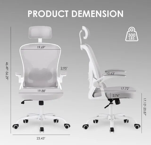 Alt view image 2 of 7 - Farini Ergonomic Office Chair, Home Office Desk Chair with Headrest, High Back Computer Chair with Flip-up Armrests and Adjustable Lumbar Support.for Home Office Study Room Bedroom, Gray.
