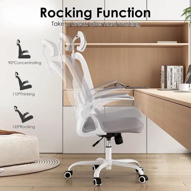 Alt view image 5 of 7 - Farini Ergonomic Office Chair, Home Office Desk Chair with Headrest, High Back Computer Chair with Flip-up Armrests and Adjustable Lumbar Support.for Home Office Study Room Bedroom, Gray.