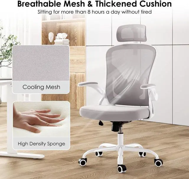Alt view image 6 of 7 - Farini Ergonomic Office Chair, Home Office Desk Chair with Headrest, High Back Computer Chair with Flip-up Armrests and Adjustable Lumbar Support.for Home Office Study Room Bedroom, Gray.