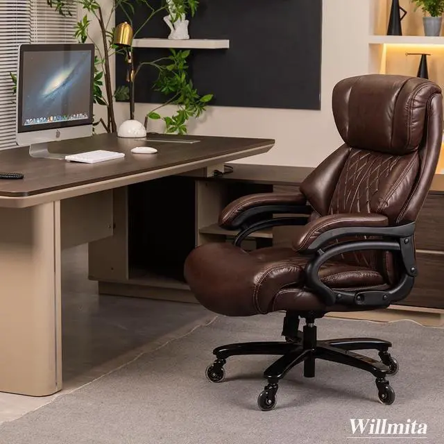 Alt view image 2 of 7 - 400lbs Big and Tall Office Chair for Heavy People Executive Office Chair Wide Spring Seat Home Office Desk Chair with Heavy Duty Casters 360 Swivel Chair Computer PU Leather Chair (Brown)