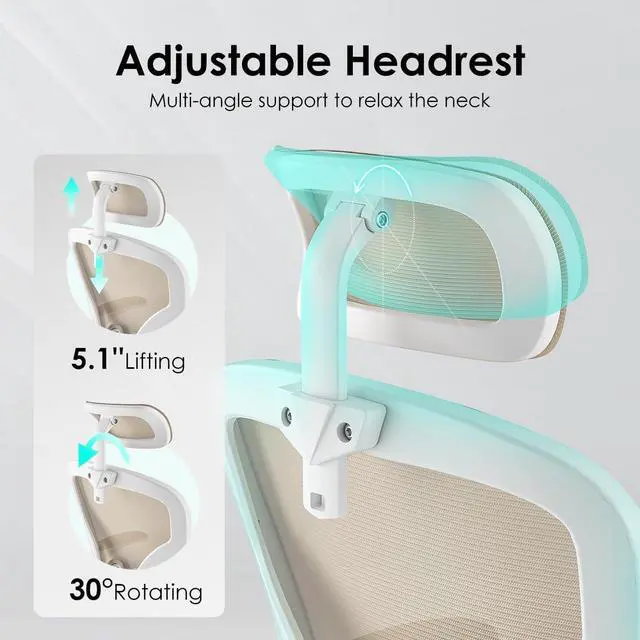 Alt view image 4 of 7 - Farini Ergonomic Office Chair, Home Office Desk Chair with Headrest, High Back Computer Chair with Armrests and Adjustable Lumbar Support for Home Office Study Room, White & Khaki