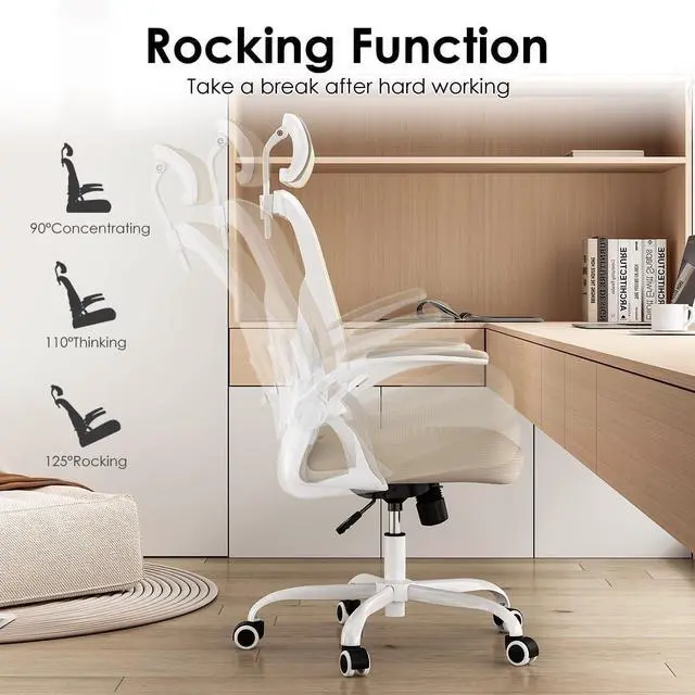 Alt view image 5 of 7 - Farini Ergonomic Office Chair, Home Office Desk Chair with Headrest, High Back Computer Chair with Armrests and Adjustable Lumbar Support for Home Office Study Room, White & Khaki
