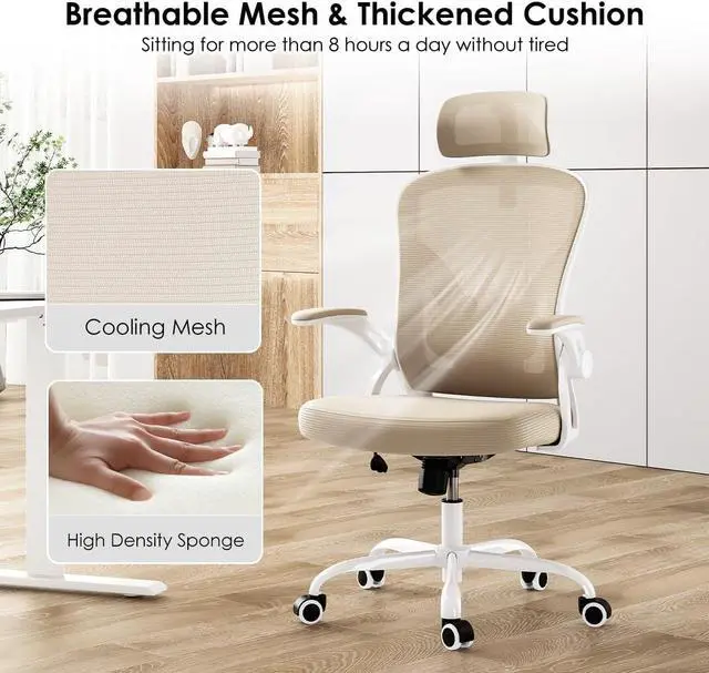 Alt view image 6 of 7 - Farini Ergonomic Office Chair, Home Office Desk Chair with Headrest, High Back Computer Chair with Armrests and Adjustable Lumbar Support for Home Office Study Room, White & Khaki