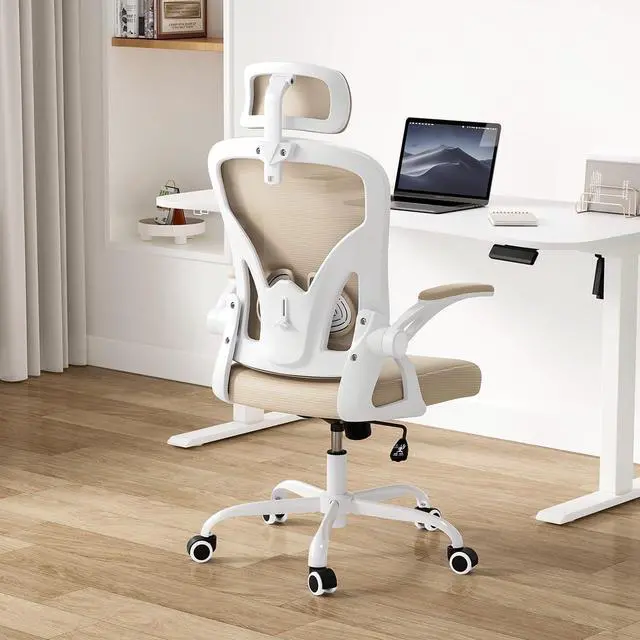 Alt view image 7 of 7 - Farini Ergonomic Office Chair, Home Office Desk Chair with Headrest, High Back Computer Chair with Flip-up Armrests and Adjustable Lumbar Support for Home Office Study Bedroom, Khaki.