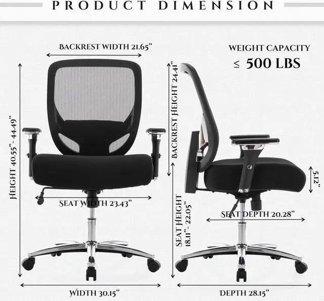 Alt view image 3 of 7 - COLAMY Big and Tall Office Chair 500lbs, Heavy Duty Ergonomic Mesh Chair, Computer Executive Desk Chair with Wide Thick Seat, 4D Armrests, Adjustable Lumbar Support and Tilt-Black