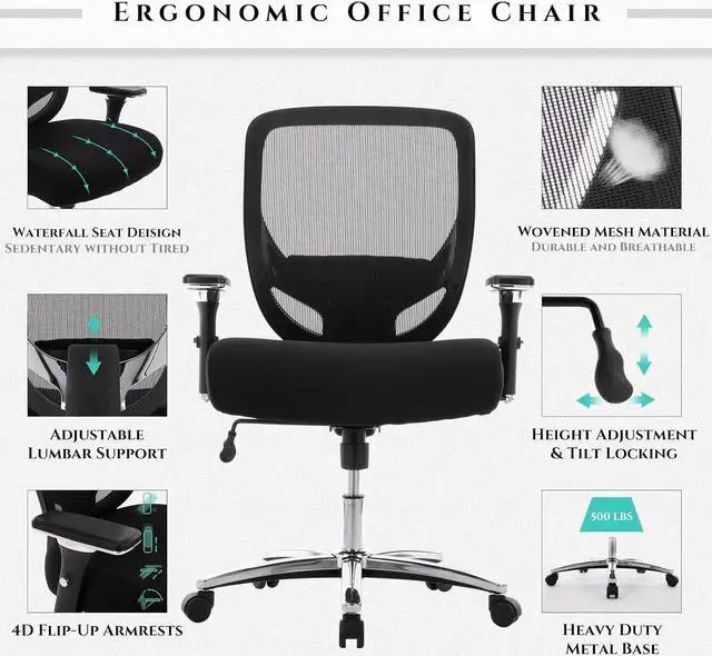 Alt view image 7 of 7 - COLAMY Big and Tall Office Chair 500lbs, Heavy Duty Ergonomic Mesh Chair, Computer Executive Desk Chair with Wide Thick Seat, 4D Armrests, Adjustable Lumbar Support and Tilt-Black