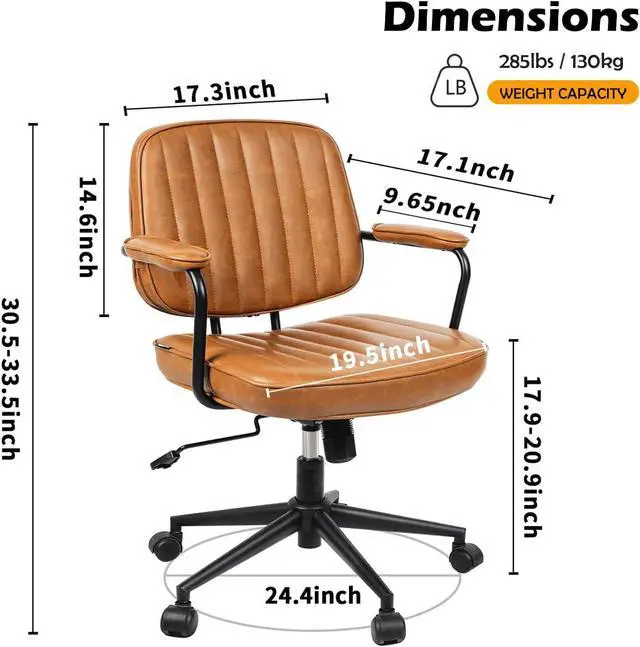 Alt view image 2 of 7 - Artswish Mid Century Office Chair Leather Desk Chair Brown Office Desk Chair Home Office Chair with Wheels and Arms