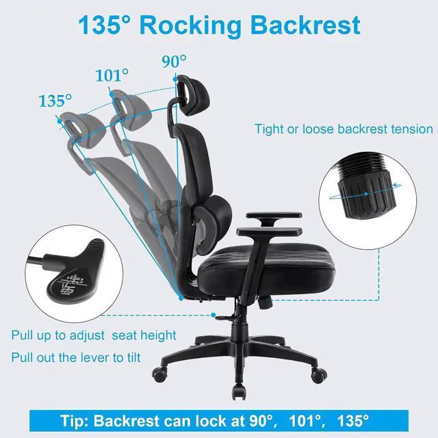Alt view image 6 of 7 - VECELO Swivel Ergonomic High Back Mesh Office Chair with Adjustable Headrest Armrest, Backrest Tilt Function, Lumbar Support for Executive/Computer Desk/Task Work