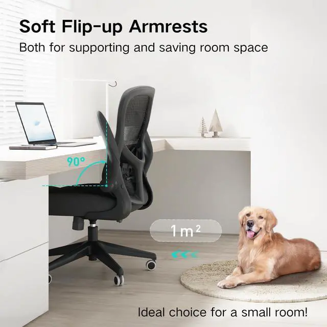 Alt view image 4 of 7 - Hbada Office Chair Ergonomic Desk Chair, Office Chairs with PU Silent Wheels, Breathable Mesh Computer Chair with Adjustable Lumbar Support, Flip-up Armrests, Tilt Function, Black