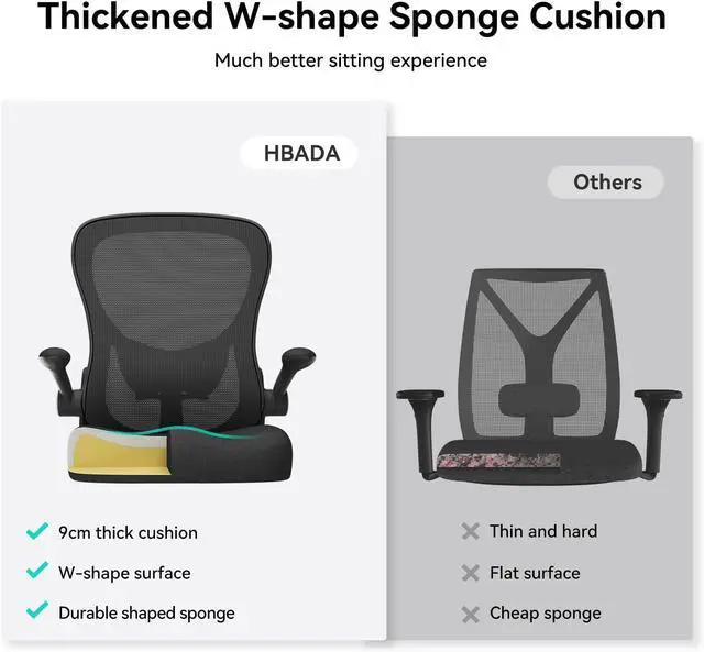 Alt view image 5 of 7 - Hbada Office Chair Ergonomic Desk Chair, Office Chairs with PU Silent Wheels, Breathable Mesh Computer Chair with Adjustable Lumbar Support, Flip-up Armrests, Tilt Function, Black