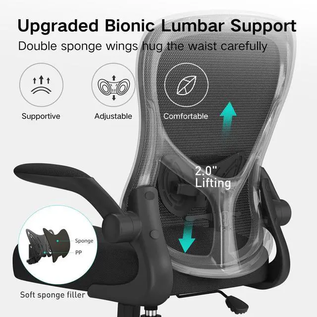 Alt view image 7 of 7 - Hbada Office Chair Ergonomic Desk Chair, Office Chairs with PU Silent Wheels, Breathable Mesh Computer Chair with Adjustable Lumbar Support, Flip-up Armrests, Tilt Function, Black