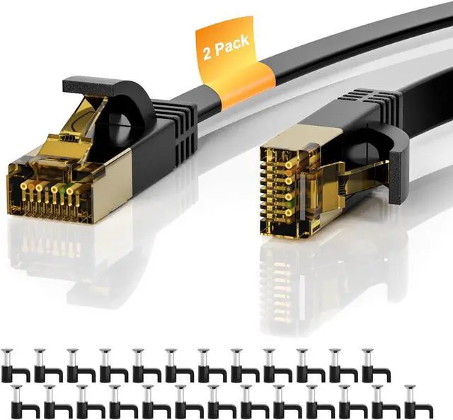 Main image of Cat 7 Ethernet Cable 2-Pack 4 FT, Cat7 Flat High Speed 10Gbps 600MHz Shielded Internet Network Patch Black Cord, Ultra Slim RJ45 LAN Cable, for PS5, Modem, Router, LAN, Computer with 25 Cable Clips