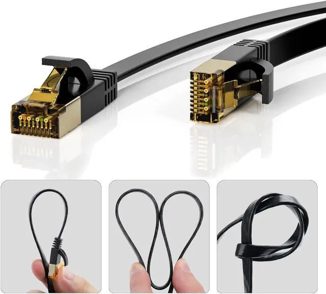 Alt view image 2 of 7 - Cat 7 Ethernet Cable 2-Pack 4 FT, Cat7 Flat High Speed 10Gbps 600MHz Shielded Internet Network Patch Black Cord, Ultra Slim RJ45 LAN Cable, for PS5, Modem, Router, LAN, Computer with 25 Cable Clips