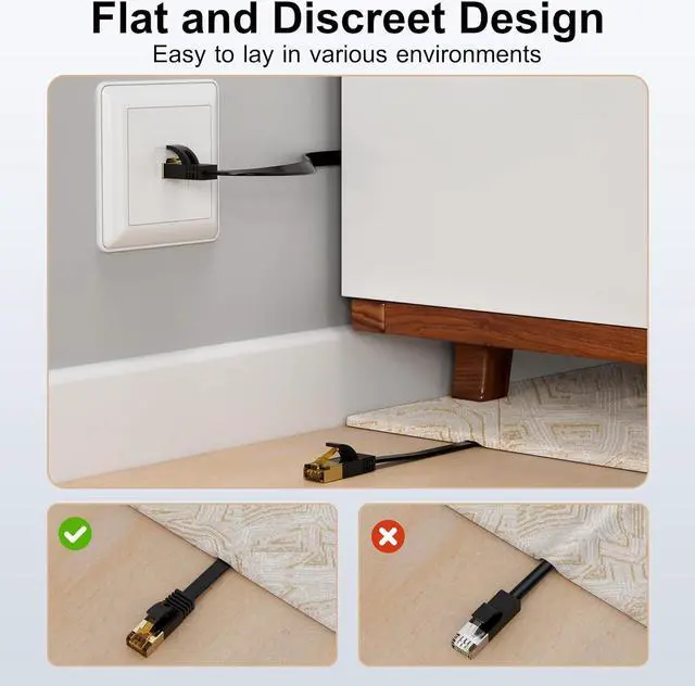 Alt view image 5 of 7 - Cat 7 Ethernet Cable 2-Pack 4 FT, Cat7 Flat High Speed 10Gbps 600MHz Shielded Internet Network Patch Black Cord, Ultra Slim RJ45 LAN Cable, for PS5, Modem, Router, LAN, Computer with 25 Cable Clips