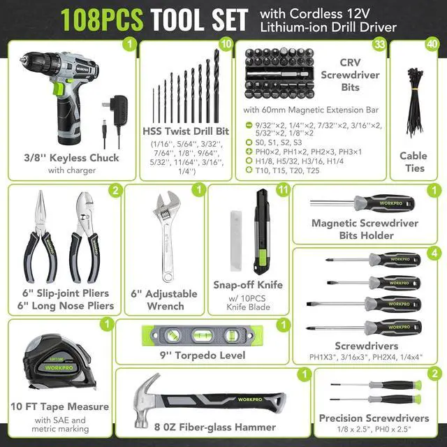 Alt view image 2 of 7 - Home Tool Kit with Power Drill 108PCS Power Home Tool Set with 12V 1.5 Ah Battery Powered Screwdriver and Tool Box Electric Cordless Drill Set with Keyless Chuck and Variable Speed Trigger