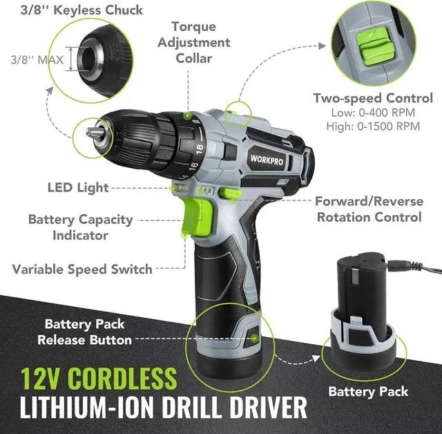 Alt view image 3 of 7 - Home Tool Kit with Power Drill 108PCS Power Home Tool Set with 12V 1.5 Ah Battery Powered Screwdriver and Tool Box Electric Cordless Drill Set with Keyless Chuck and Variable Speed Trigger
