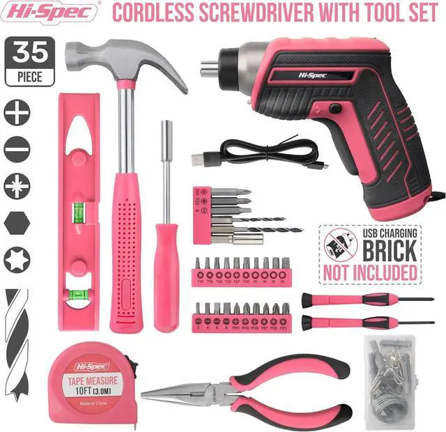 Alt view image 2 of 7 - 35pc Pink Tool Kit with 3.6V USB Electric Screwdriver and Drill Set. Complete Women Tool Set