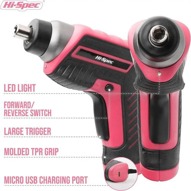 Alt view image 3 of 7 - 35pc Pink Tool Kit with 3.6V USB Electric Screwdriver and Drill Set. Complete Women Tool Set