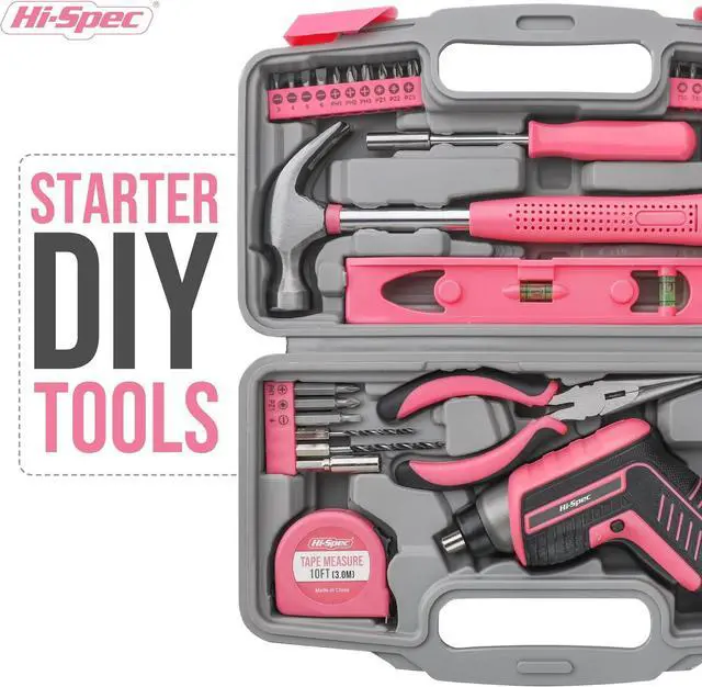 Alt view image 4 of 7 - 35pc Pink Tool Kit with 3.6V USB Electric Screwdriver and Drill Set. Complete Women Tool Set