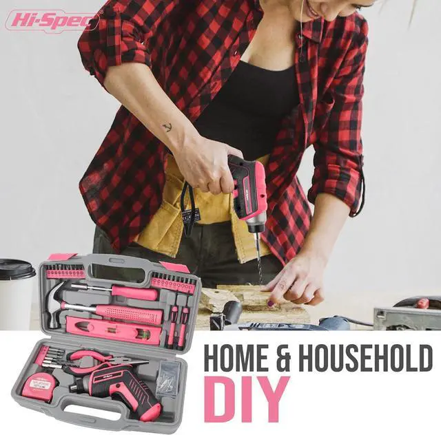 Alt view image 6 of 7 - 35pc Pink Tool Kit with 3.6V USB Electric Screwdriver and Drill Set. Complete Women Tool Set