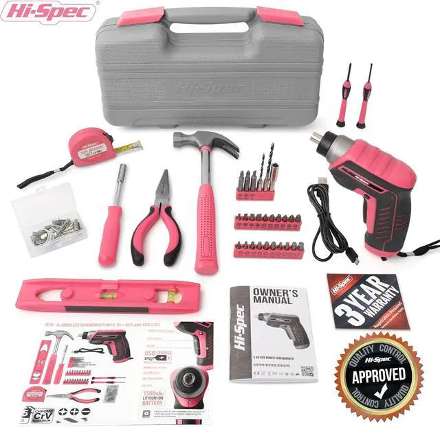 Alt view image 7 of 7 - 35pc Pink Tool Kit with 3.6V USB Electric Screwdriver and Drill Set. Complete Women Tool Set