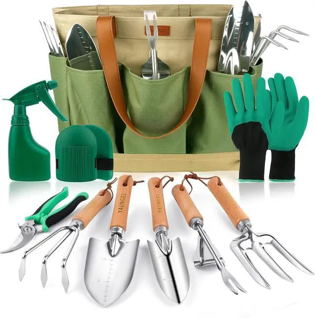 Main image of YAUNGEL Gardening Tools - 10 Pcs Garden Tool Set Heavy Duty Stainless Steel Garden Supplies Hand Tools with Wooden Handle, Storage Tote Bag, Gardening Gifts for Women and Men