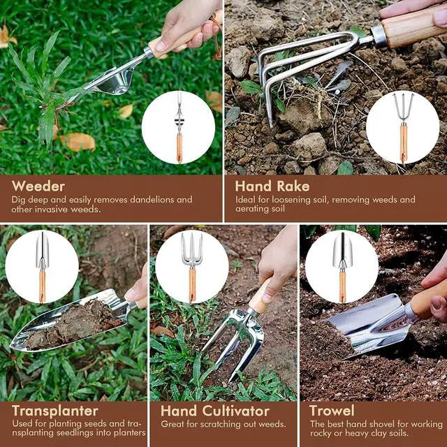 Alt view image 6 of 7 - YAUNGEL Gardening Tools - 10 Pcs Garden Tool Set Heavy Duty Stainless Steel Garden Supplies Hand Tools with Wooden Handle, Storage Tote Bag, Gardening Gifts for Women and Men