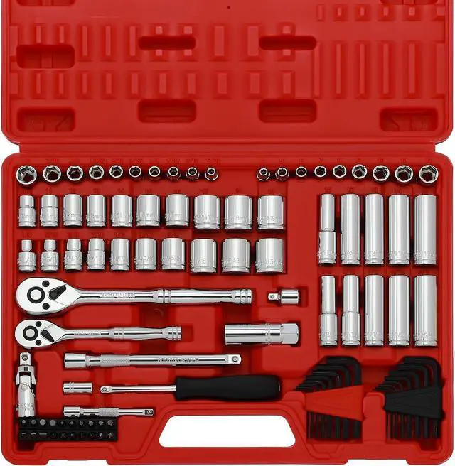 Main image of CASOMAN 1/4-Inch & 3/8-Inch Drive, SAE and Metric Socket Set, Standard and Deep Sizes, with Ratchet, Extension Bars and Universal Joint, 94-Pieces 1/4" Drive and 3/8" Dr. Socket Super Set