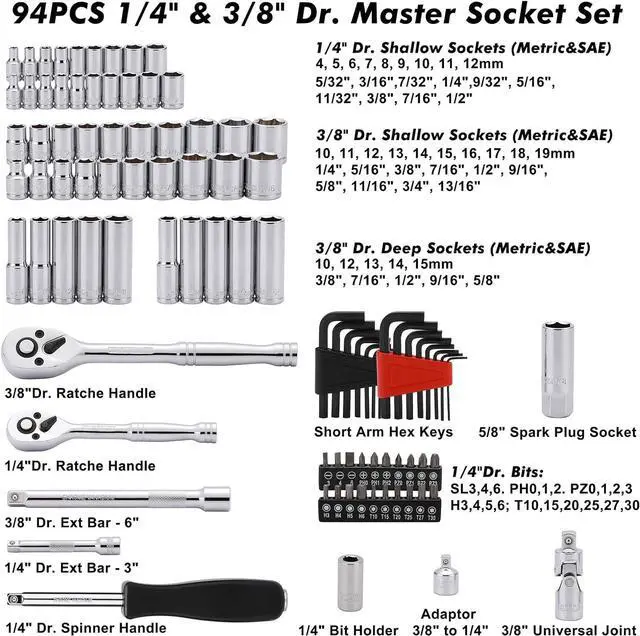 Alt view image 3 of 7 - CASOMAN 1/4-Inch & 3/8-Inch Drive, SAE and Metric Socket Set, Standard and Deep Sizes, with Ratchet, Extension Bars and Universal Joint, 94-Pieces 1/4" Drive and 3/8" Dr. Socket Super Set