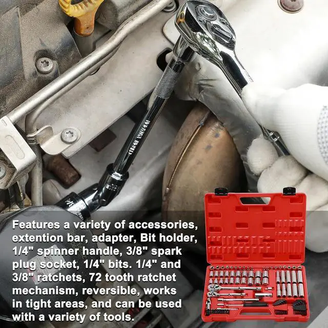 Alt view image 6 of 7 - CASOMAN 1/4-Inch & 3/8-Inch Drive, SAE and Metric Socket Set, Standard and Deep Sizes, with Ratchet, Extension Bars and Universal Joint, 94-Pieces 1/4" Drive and 3/8" Dr. Socket Super Set