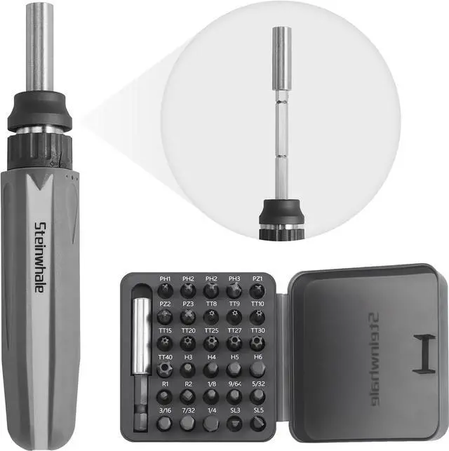 Main image of Steinwhale 32 in 1 Ratchet Screwdriver Set with Push-Eject Extension Rod, 48-Tooth Gear Ratchet, Antislip Soft Handle, Magnetic Bit Holder, 30pcs S2 Steel Bits, Excellent Handling and Versatile Use