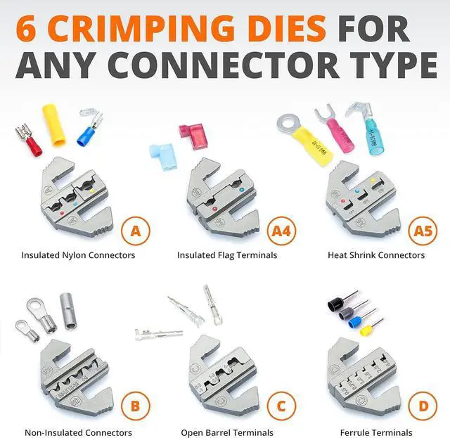 Alt view image 2 of 7 - Crimping Tool Set 8 PCS - Ratcheting Wire Crimper - Heat Shrink, Non-Insulated, Open Barrel, Flag, Ferrule Connectors