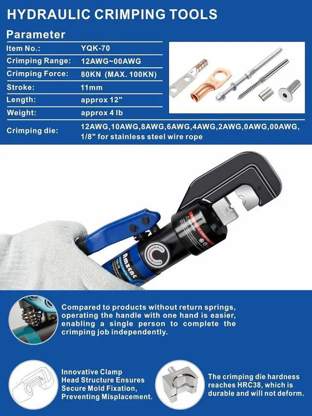 Alt view image 2 of 7 - Hydraulic Crimping Tool and Cable Cutter Hydraulic Cable Lug Crimper 8 US TON 12 AWG to 00 (2/0) Electrical Terminal Cable Wire Tool Kit with 9 Die