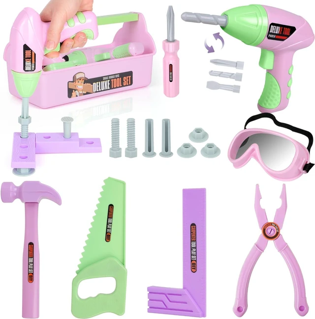 Main image of EP EXERCISE N PLAY 18 Pieces Kids Tool Set Pretend Play Construction Tool Accessories with a Tool Box Including Toy Electric Drill (Pink)