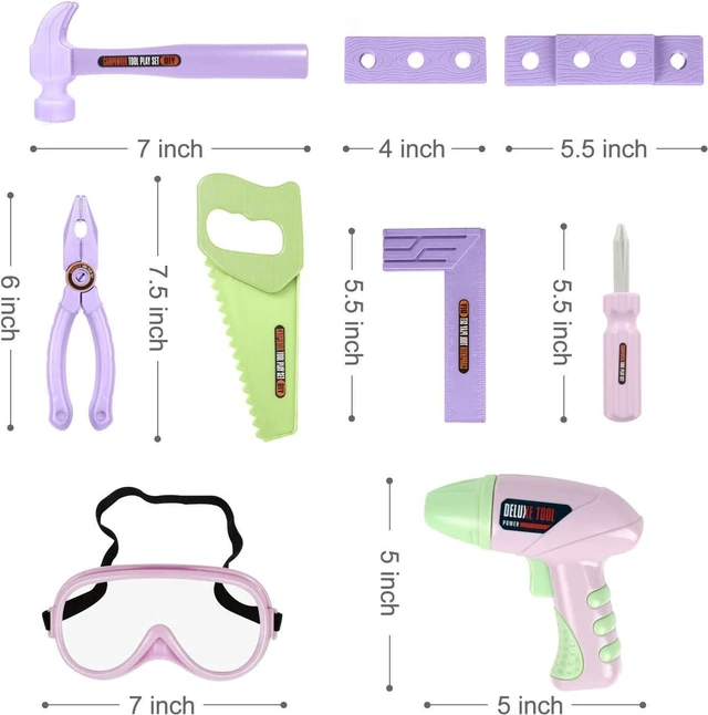 Alt view image 3 of 7 - EP EXERCISE N PLAY 18 Pieces Kids Tool Set Pretend Play Construction Tool Accessories with a Tool Box Including Toy Electric Drill (Pink)