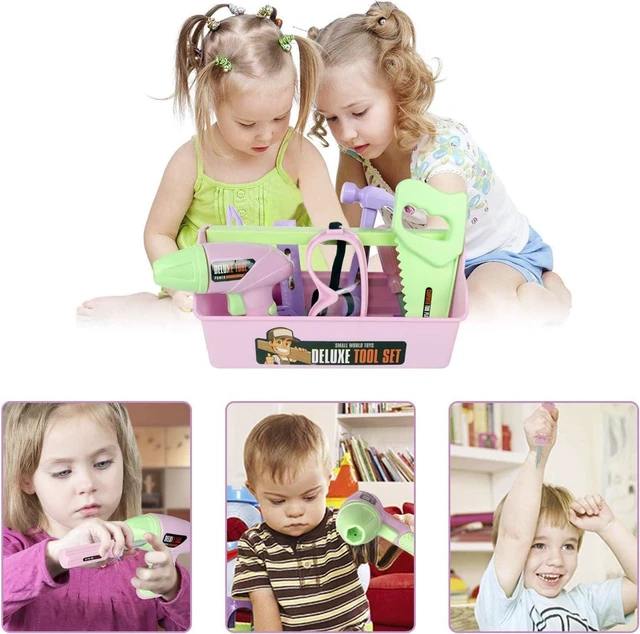 Alt view image 4 of 7 - EP EXERCISE N PLAY 18 Pieces Kids Tool Set Pretend Play Construction Tool Accessories with a Tool Box Including Toy Electric Drill (Pink)